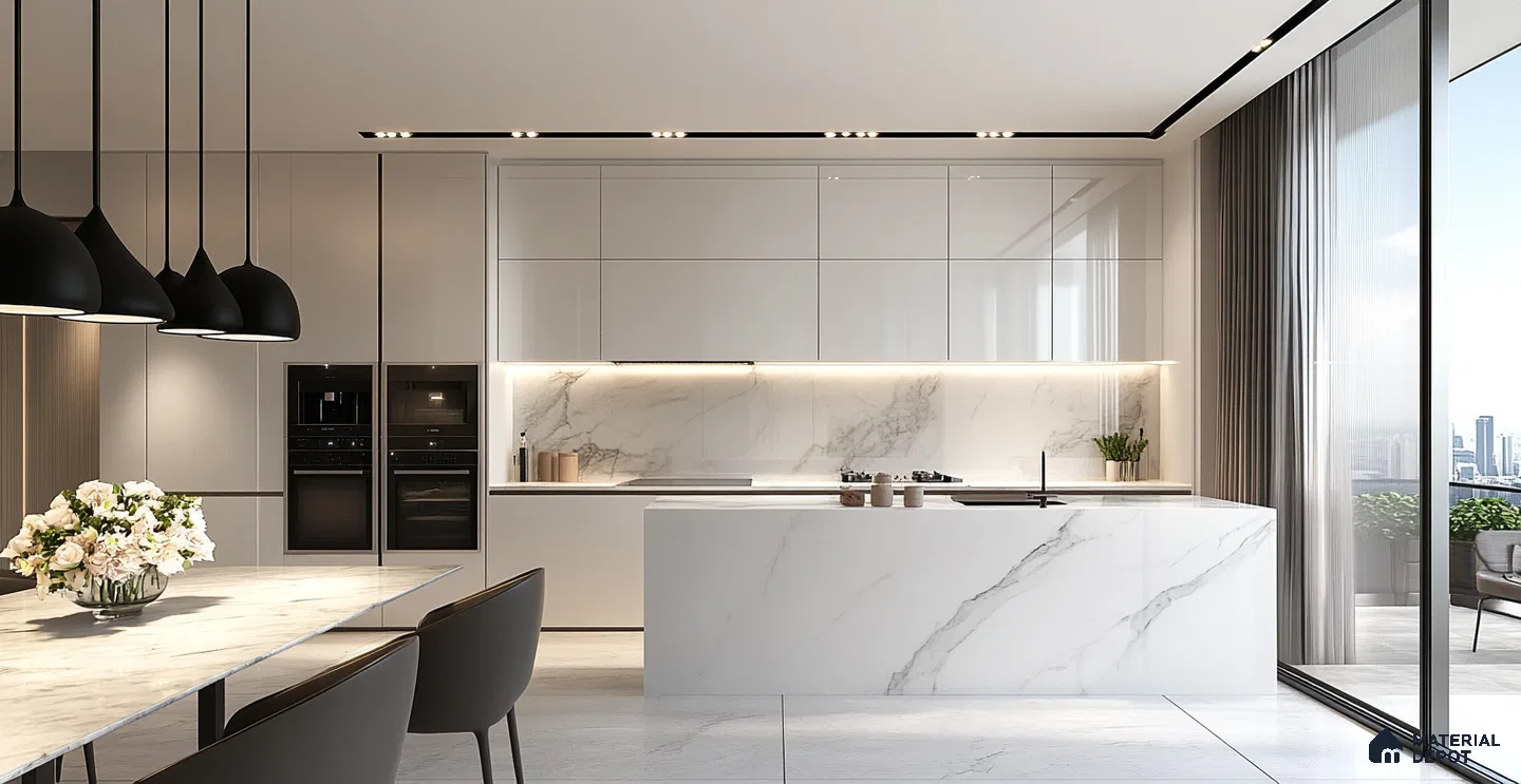 Spacious Elegance: Broad Kitchen Design with Striking Marble Backsplash and Modern Aesthetics | Material Depot