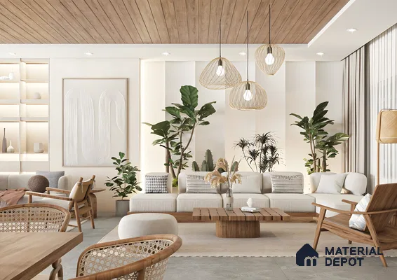Spacious Modern Bohemian Lounge With Wooden Slatted Ceiling And Indoor Plants | Material Depot