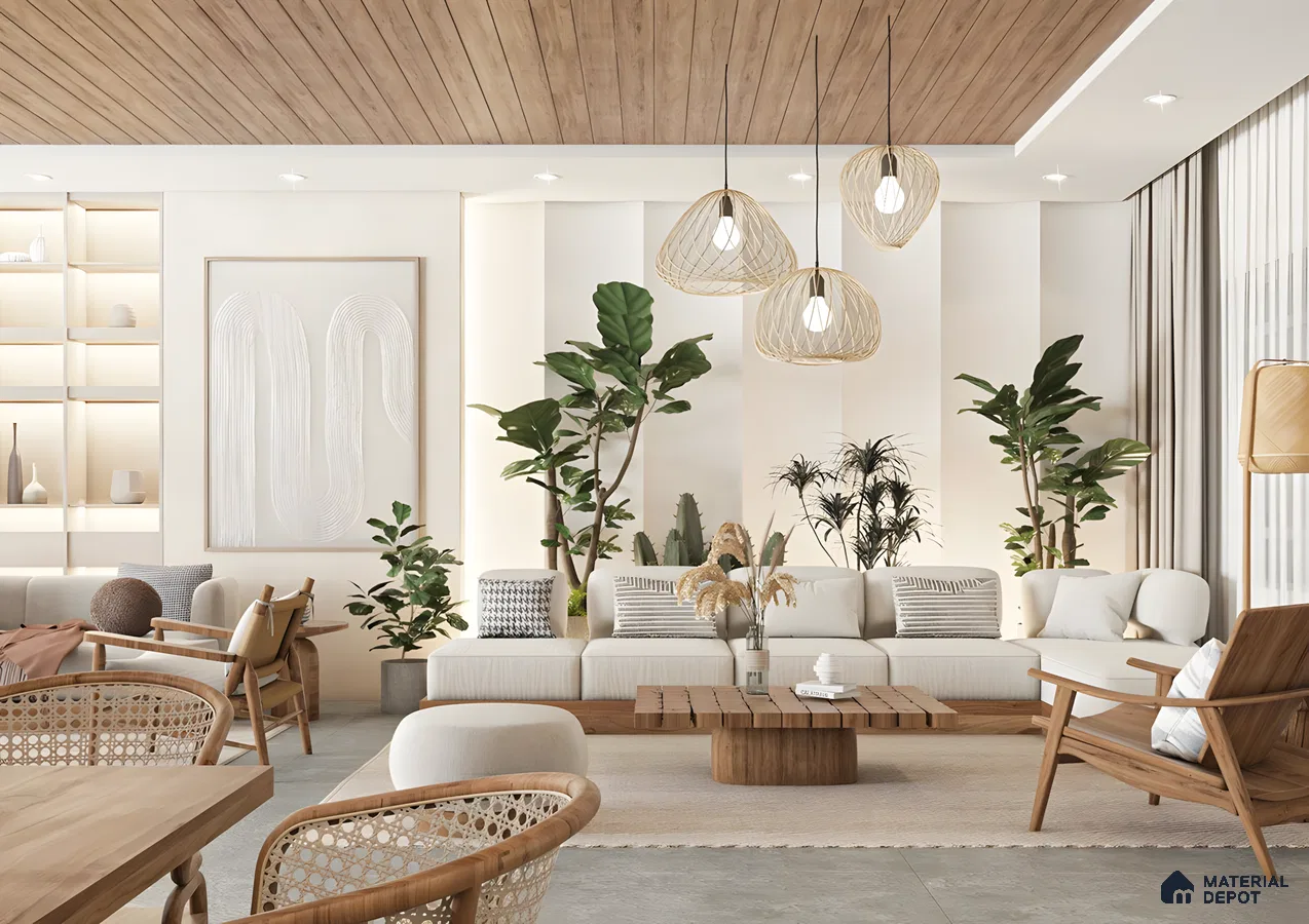 Spacious Modern Bohemian Lounge With Wooden Slatted Ceiling And Indoor Plants | Material Depot