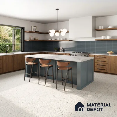 Spacious Modern Kitchen with Blue Tiled Backsplash, Terrazzo Floor, and Large Island | Material Depot
