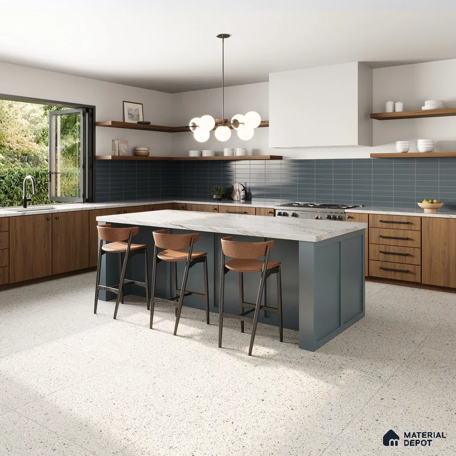 Spacious Modern Kitchen with Blue Tiled Backsplash, Terrazzo Floor, and Large Island | Material Depot