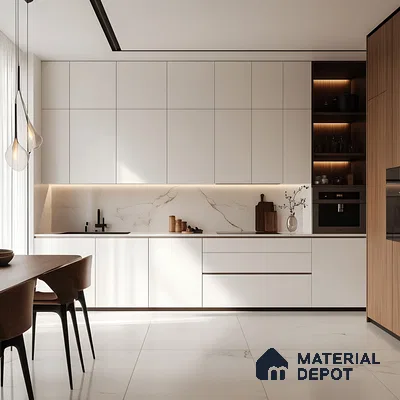 Spacious White Kitchen with Marble Backsplash and Wooden Accents | Material Depot
