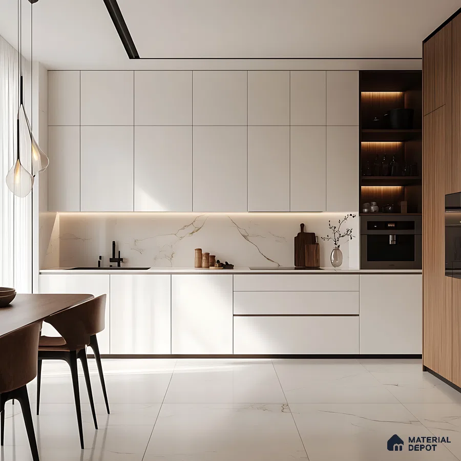 Spacious White Kitchen with Marble Backsplash and Wooden Accents | Material Depot