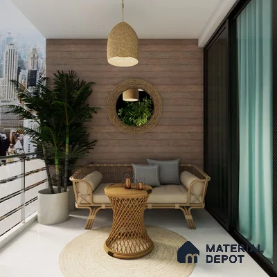Spacious balcony with wooden panels, planters, and rug.