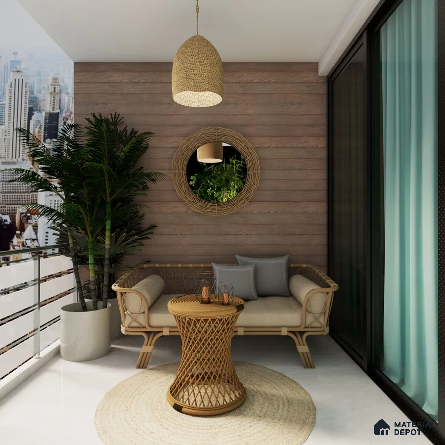 Spacious balcony with wooden panels, planters, and rug.
