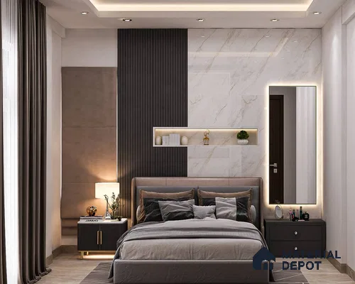 A large bedroom with a marble wall, a bed with gray sheets, and wooden nightstands