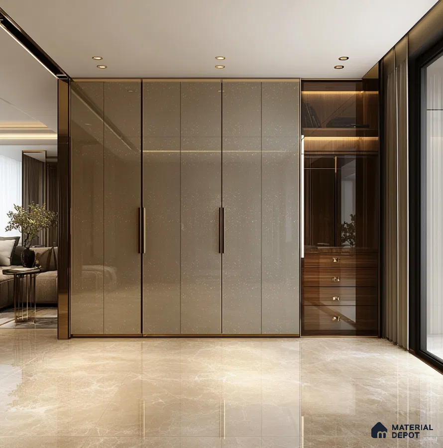 Sparkling Ivory Gloss Laminate Wardrobe with Wood Accents in Modern Bedroom | Material Depot
