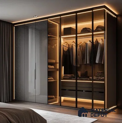 Sparkling Grey Glossy Laminate Wardrobe with LED Lighting in Luxury Bedroom | Material Depot