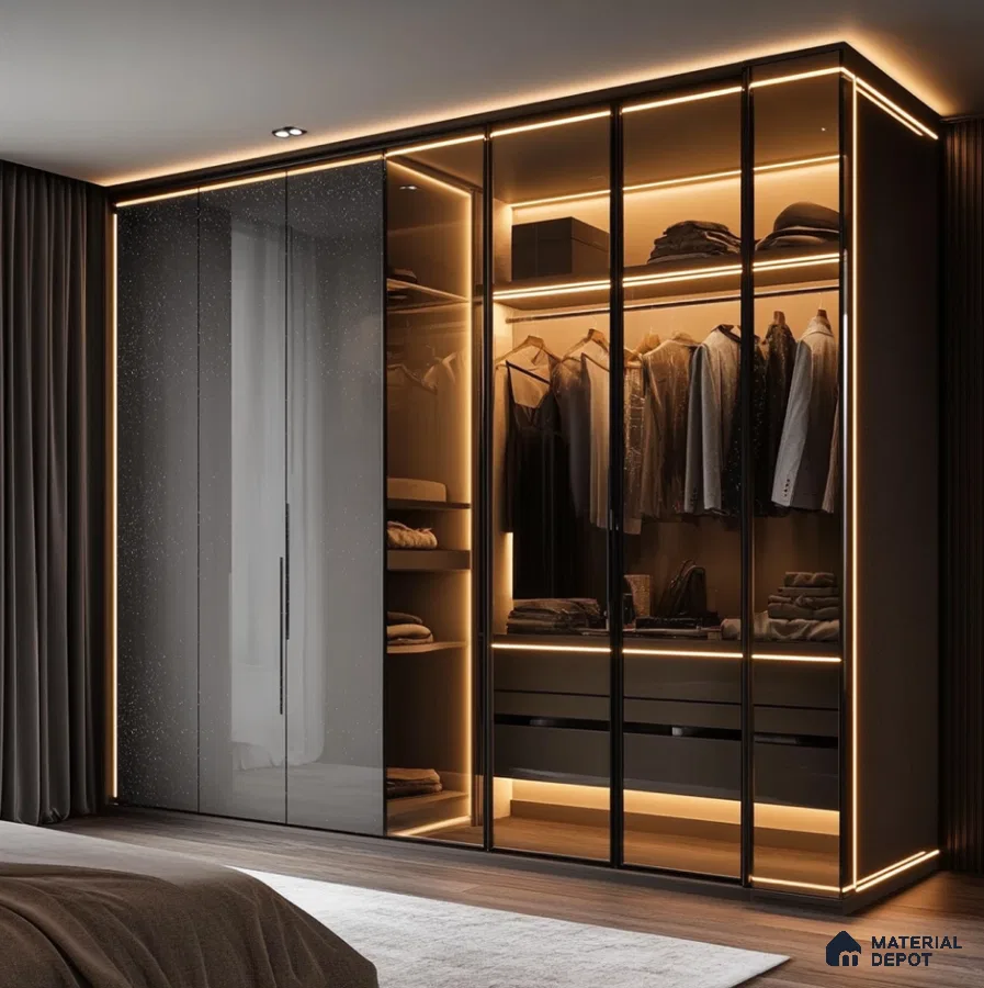 Sparkling Grey Glossy Laminate Wardrobe with LED Lighting in Luxury Bedroom | Material Depot