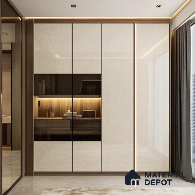 Sparkling Ivory Gloss Laminate Wardrobe with Wood Accents in Modern Bedroom | Material Depot