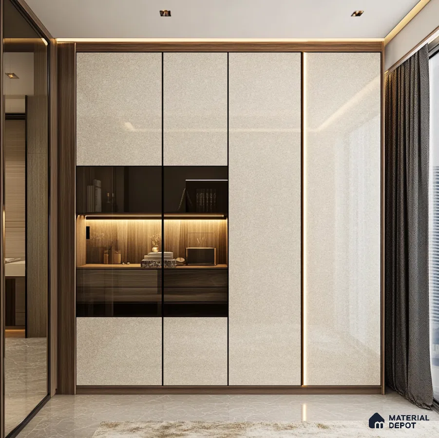 Sparkling Ivory Gloss Laminate Wardrobe with Wood Accents in Modern Bedroom | Material Depot