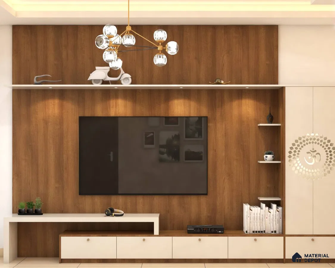 Elegant Wooden-Paneled TV Unit with Spotlights