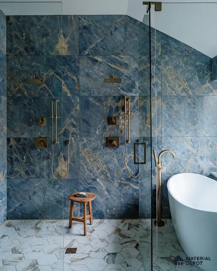Bathroom with blue marble tiles