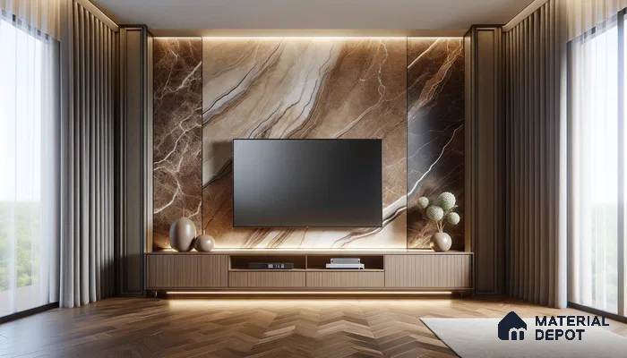 Stately Modern Media Room with Rich Marble and Wooden Tones | Material Depot