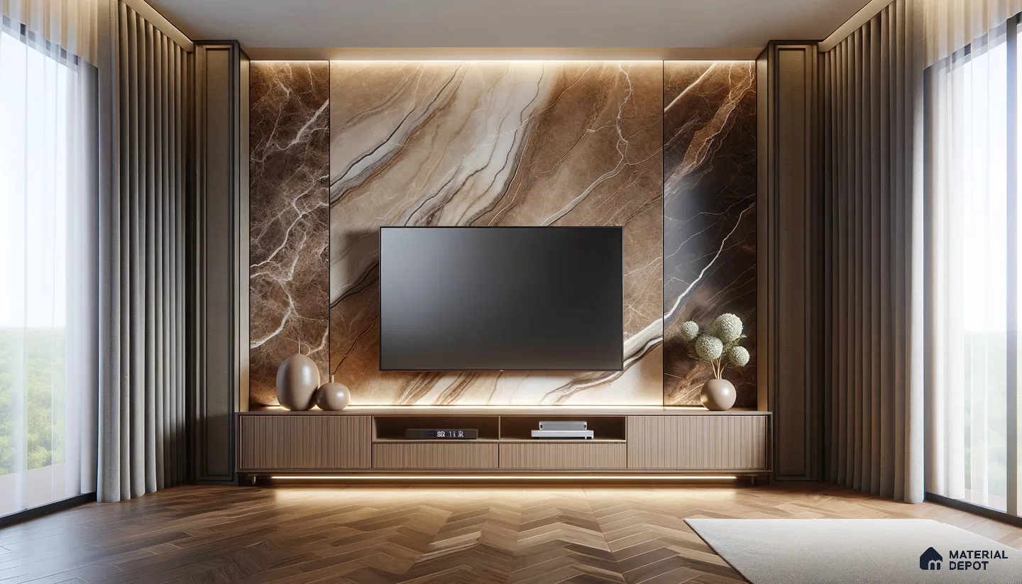 Stately Modern Media Room with Rich Marble and Wooden Tones | Material Depot