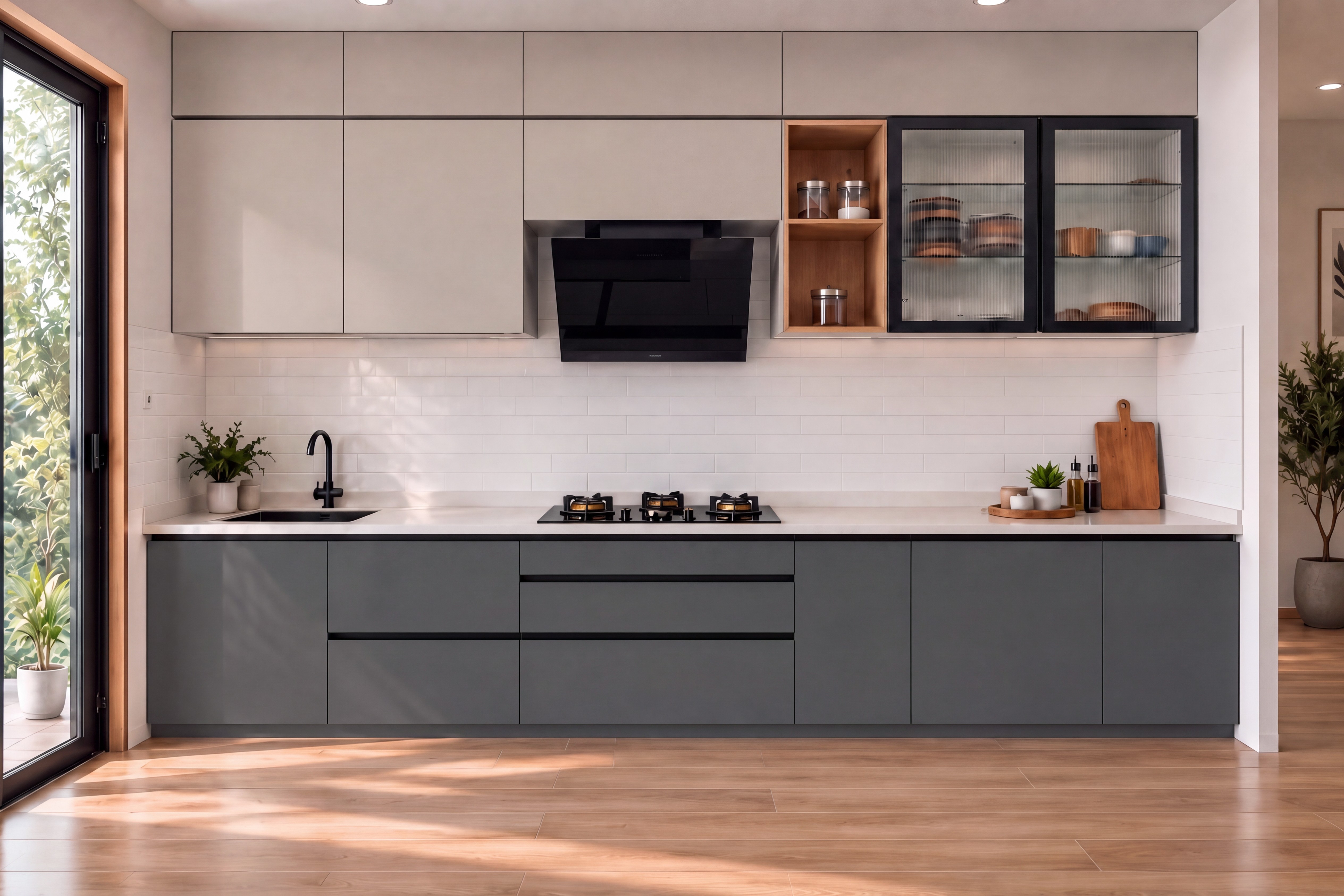 Straight Kitchen with Carbon Grey and Almond Clay Silky Suede Laminate