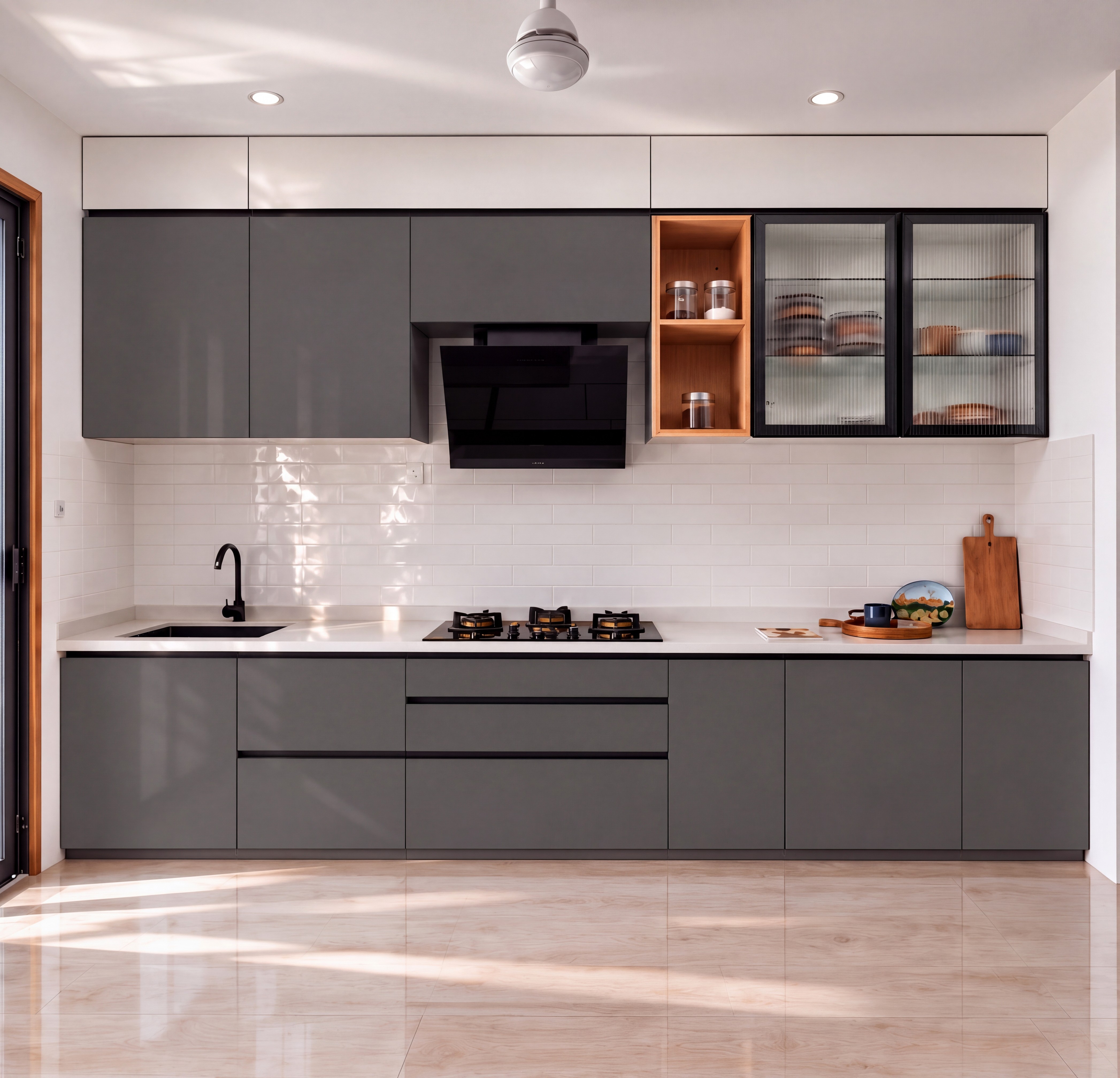 Straight Kitchen with Iron Grey Suede Laminate Cabinets