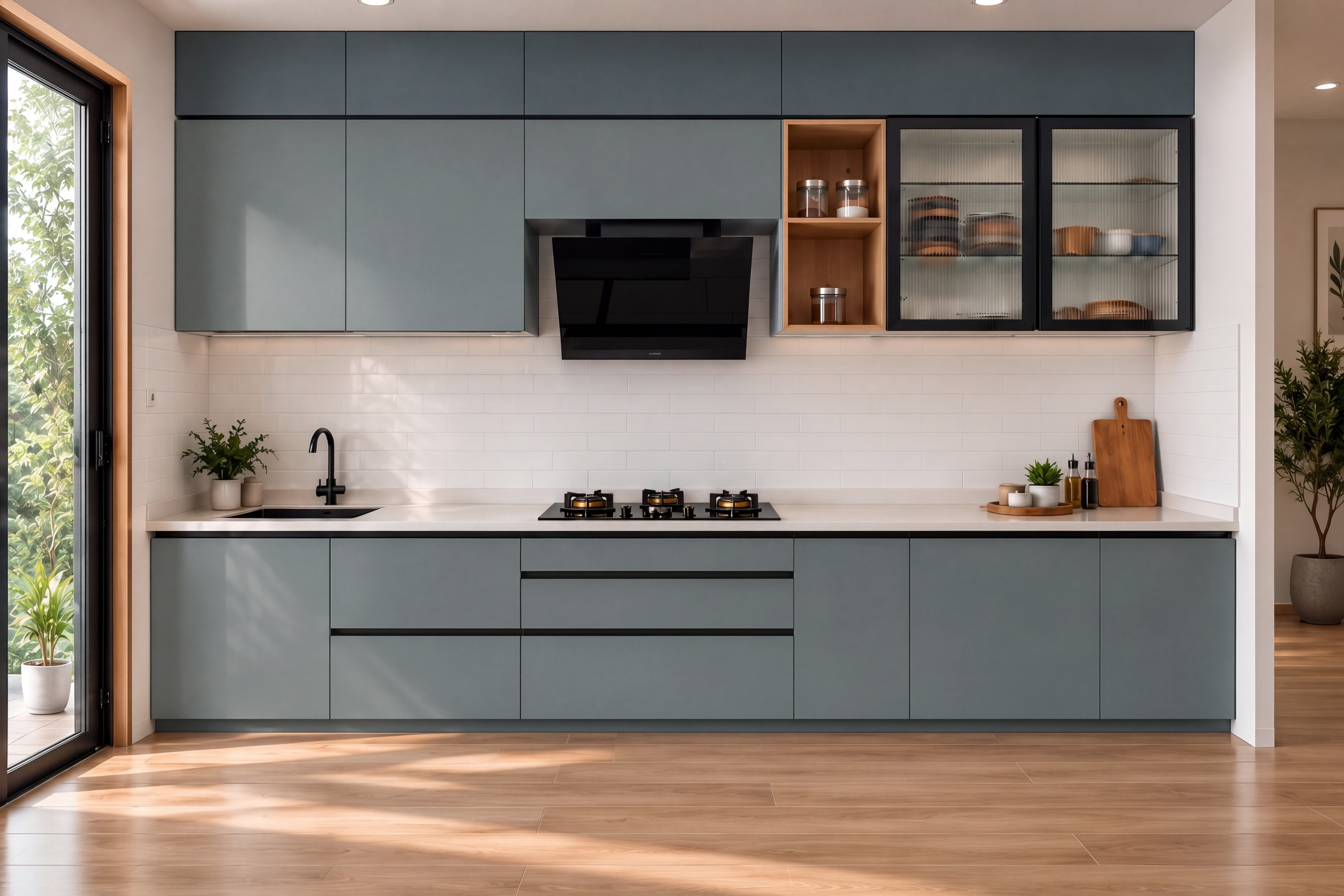 Straight Kitchen with Slate Grey Suede Laminate Cabinets