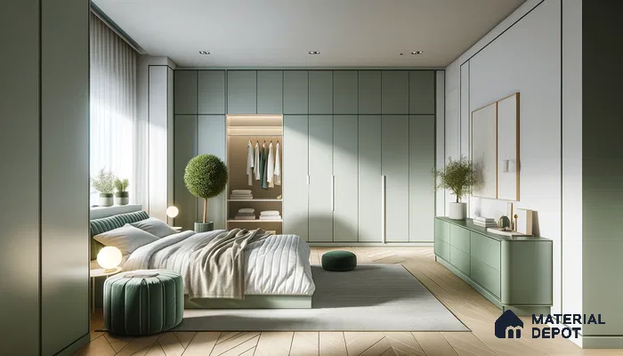 Streamlined Bedroom Oasis with Lush Green Tones and Natural Light | Material Depot