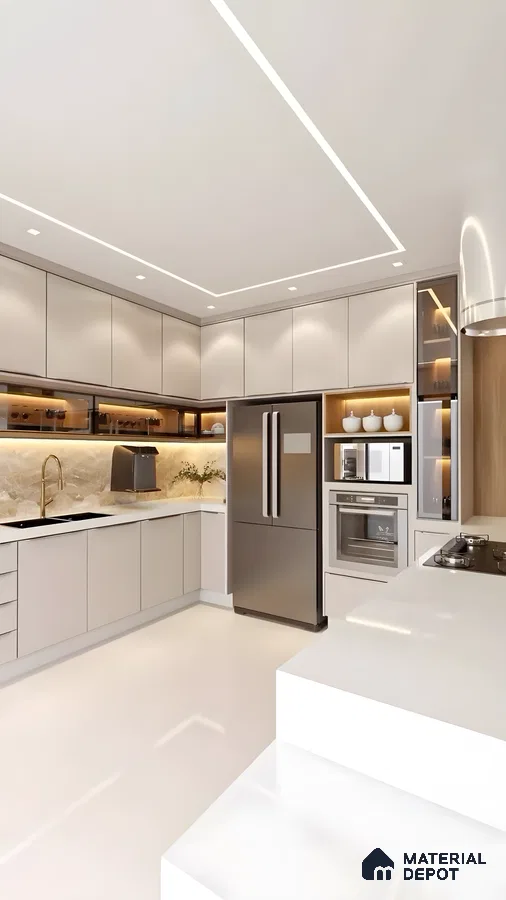 Streamlined Elegance: A Bright, Seamless Modular Kitchen With Smart Storage & Ambient Glow | Material Depot
