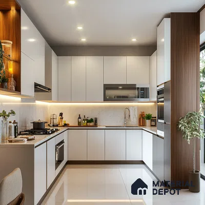 Streamlined Elegance: Modern Kitchen with Wood and Marble Accents | Material Depot