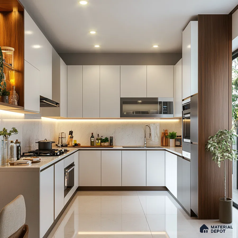 Streamlined Elegance: Modern Kitchen with Wood and Marble Accents | Material Depot