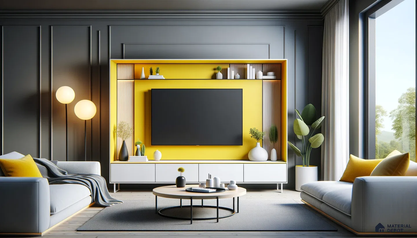 Striking Yellow Entertainment Nook Anchors a Modern, Vibrant Living Room | Material Depot