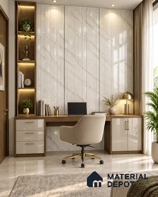 Study Room with Flutura Silver Fluted Marble-Look High-Gloss Laminate Wall