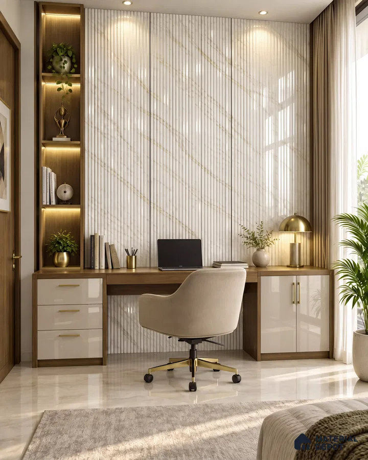 Study Room with Flutura Silver Fluted Marble-Look High-Gloss Laminate Wall