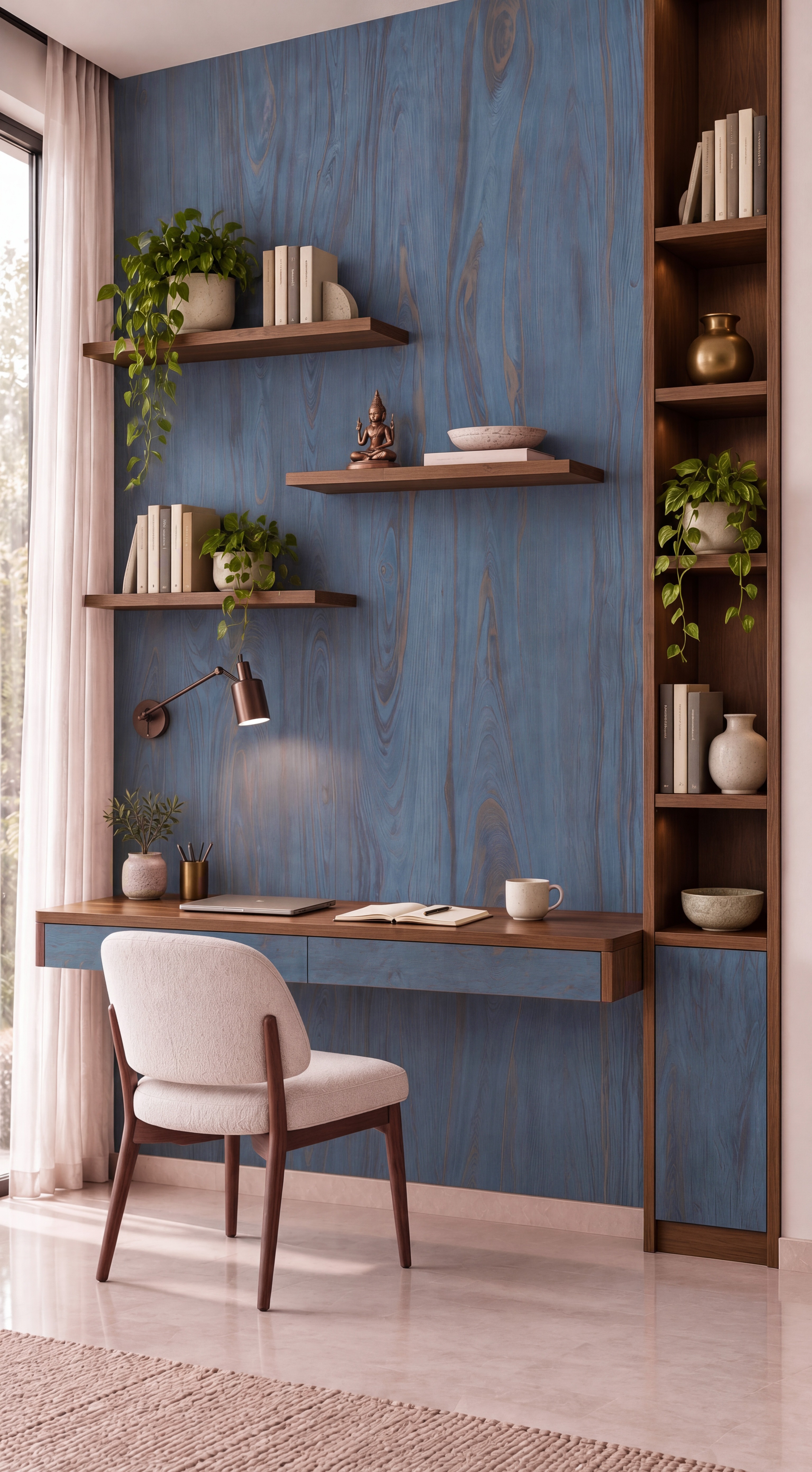 Study Room with Slate Blue Wood-Grain Laminate Wall and Walnut Shelves