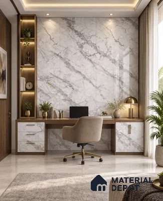 Study Room with White Statuario Marble-Look Laminate Wall and Desk Unit