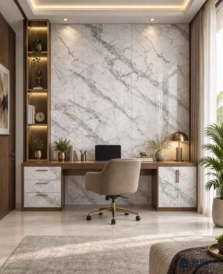 Study Room with White Statuario Marble-Look Laminate Wall and Desk Unit