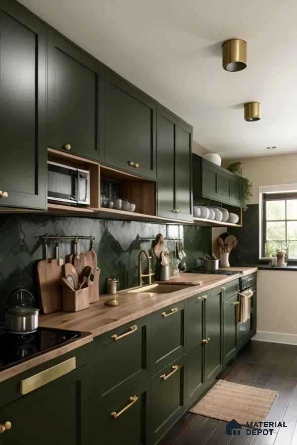 Stylish and Functional Kitchen Design Featuring Rich Green Cabinets and Natural Wood Accents | Material Depot