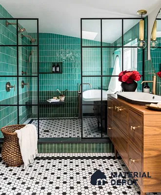 Stylish Bathroom Retreat with Green Glazed Tiles | Material Depot
