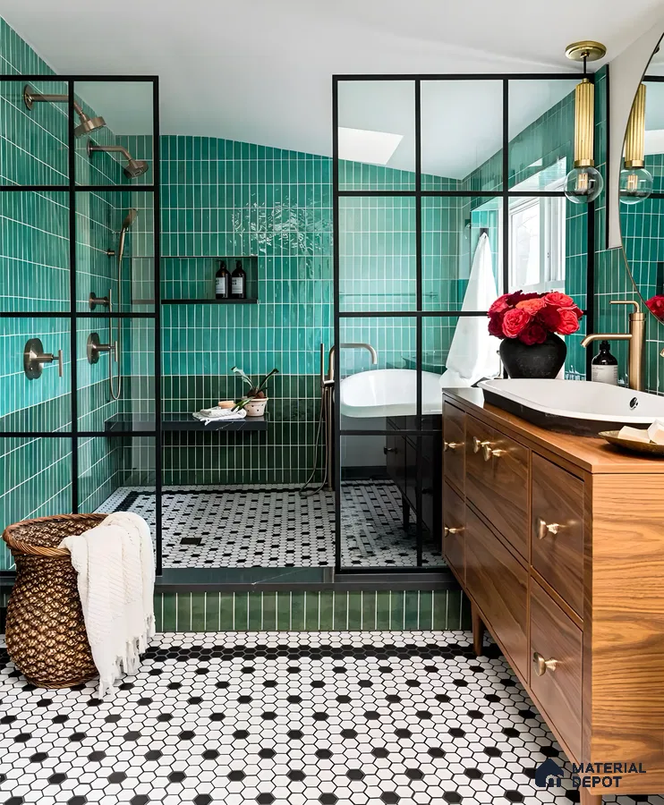 Stylish Bathroom Retreat with Green Glazed Tiles | Material Depot