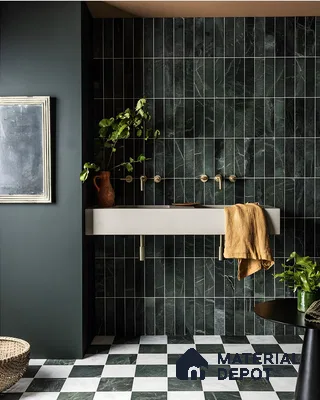 Stylish Bathroom with Dark Green Tiles and Brass Accents | Material Depot