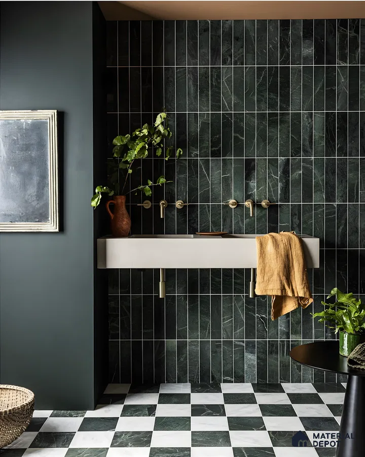 Stylish Bathroom with Dark Green Tiles and Brass Accents | Material Depot