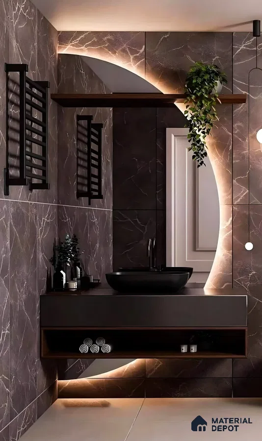 Stylish Bathroom With Dark Marble And Black Fixtures | Material Depot