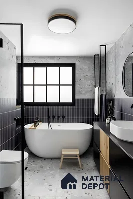 Stylish Bathroom Design with Terrazzo Tile and Black Accents Shriram Chirping Grove Sarjapur Road | Material Depot