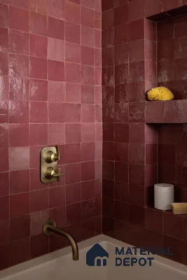 Stylish Bathtub with Rich Burgundy Tiles and Elegant Fixtures | Material Depot