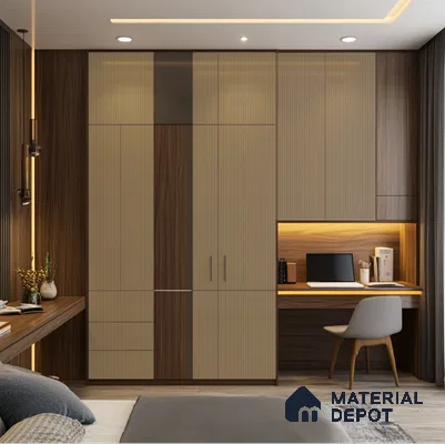 Stylish Bedroom Wardrobe with Fluted Acrylic Panels and Study Nook | Material Depot