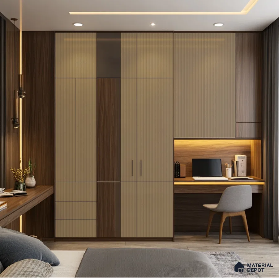 Stylish Bedroom Wardrobe with Fluted Acrylic Panels and Study Nook | Material Depot