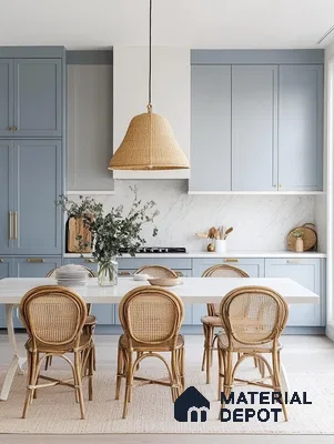 Stylish Blue Kitchen Featuring Elegant Lighting and Functional Design for Everyday Cooking | Material Depot