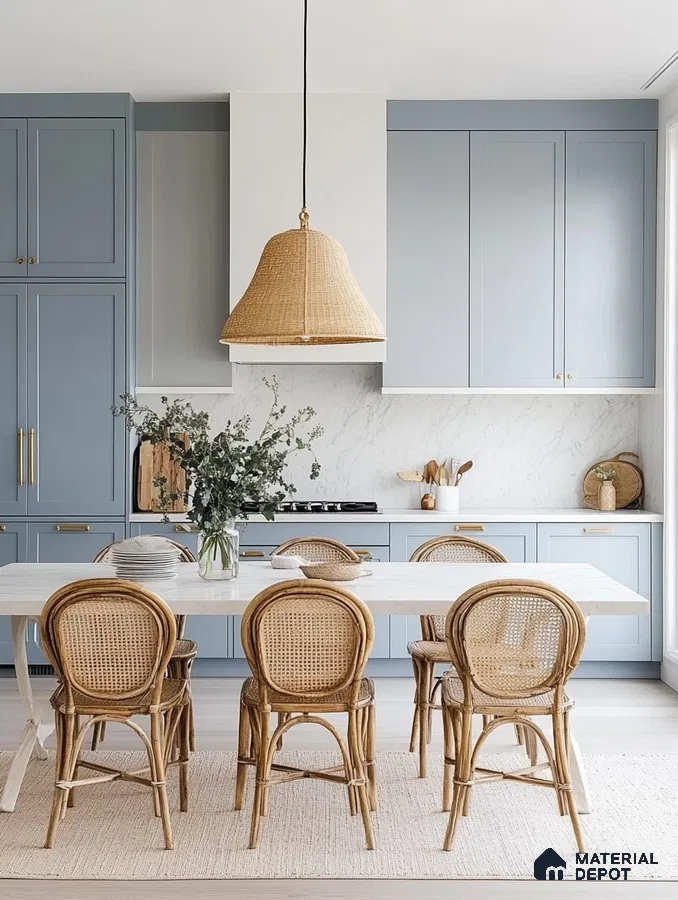 Stylish Blue Kitchen Featuring Elegant Lighting and Functional Design for Everyday Cooking | Material Depot