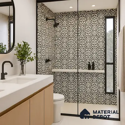 Stylish Compact Bathroom with Patterned Mosaic Wall & Floating Vanity in Prestige Misty Waters, Hebbal | Material Depot