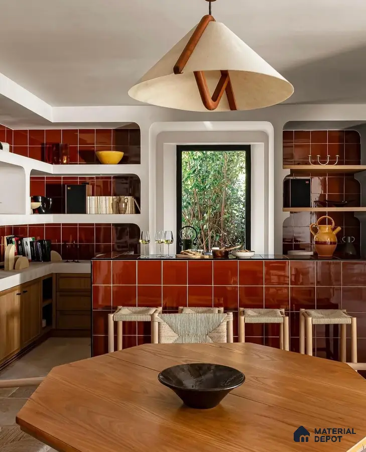 Stylish Dining Area with Bold Terracotta Tile Accents and Natural View | Material Depot