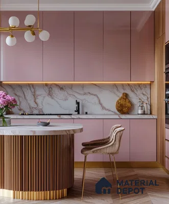 Stylish Dusty Rose Kitchen with Golden Fixtures and Marble Highlights | Material Depot