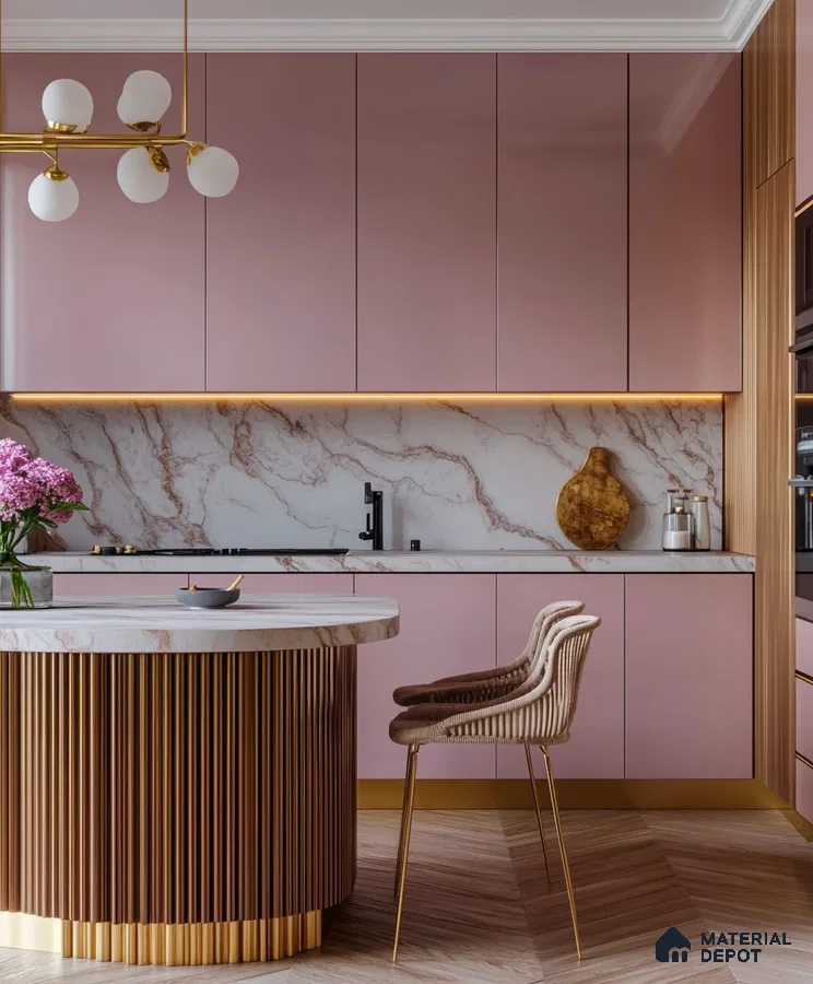 Stylish Dusty Rose Kitchen with Golden Fixtures and Marble Highlights | Material Depot