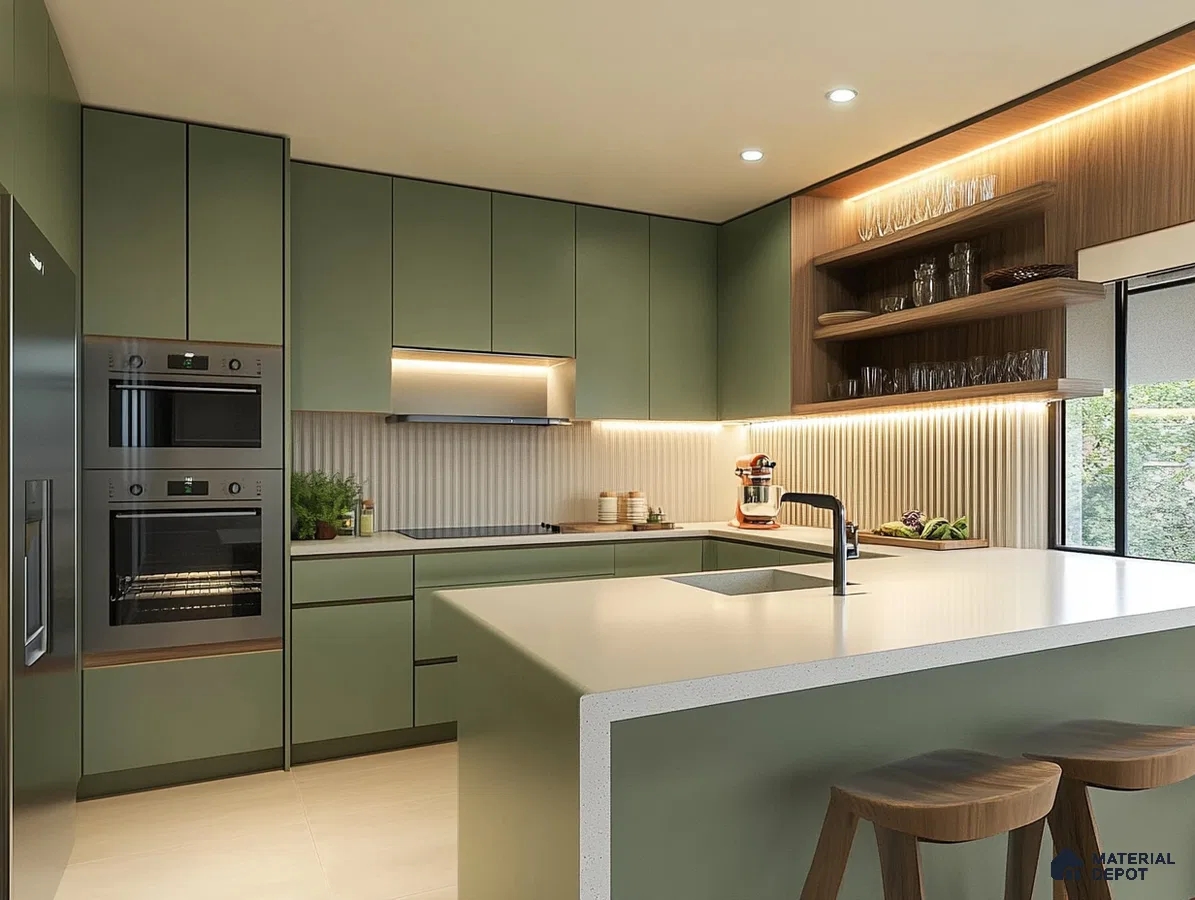 Stylish Green Kitchen with Wood Accents and Modern Design | Material Depot