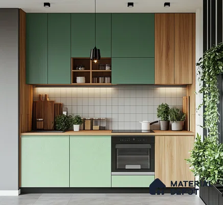 Stylish Green and Wood Laminate Kitchen Cabinets for a Contemporary Space | Material Depot